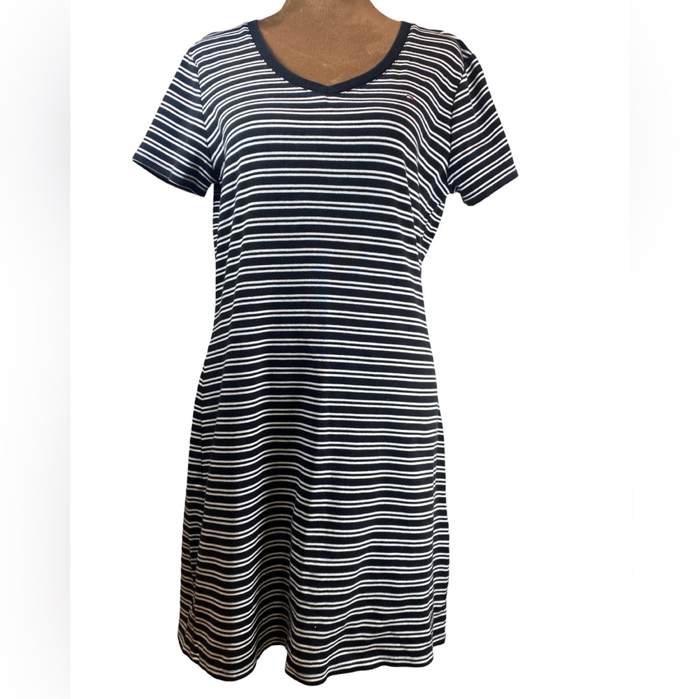 Tommy Hilfiger Black White Stripe T Shirt Dress Women’s Small V Neck Mini Cotton